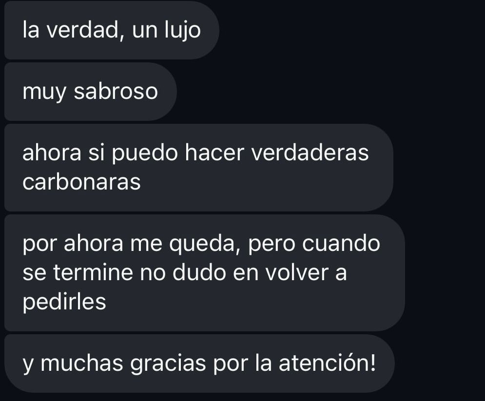 Mensaje de un cliente sobre el guanciale de Affettati